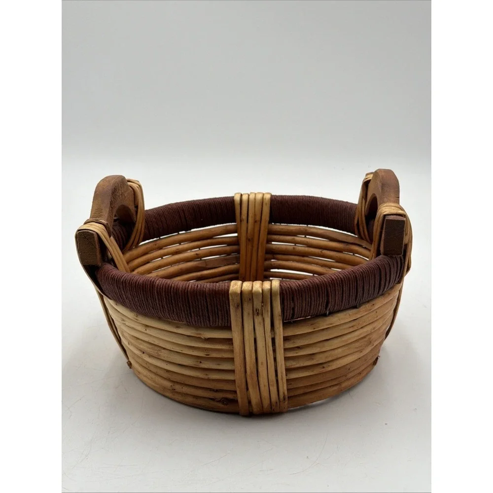 Vintage Gathering Basket Split Reed Jute Log Wood Handles Folk Art Rustic